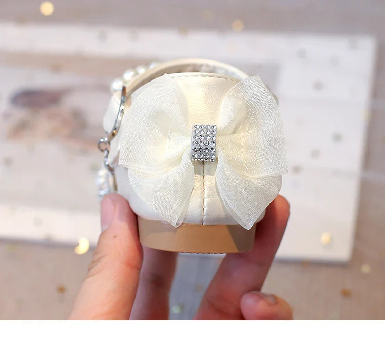 2025Summer Girls Sandals With Heel Fashion Rhinestone Shiny Glitter Shoes Children Princess Bowtie Pearl Dancing Shoes