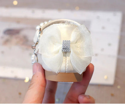 2025Summer Girls Sandals With Heel Fashion Rhinestone Shiny Glitter Shoes Children Princess Bowtie Pearl Dancing Shoes