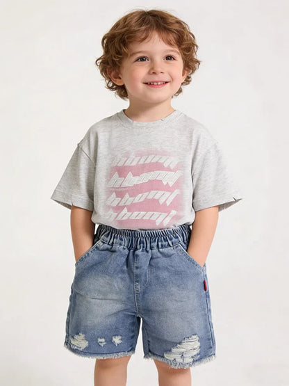 Toddler Boys 2Pcs Summer Outfits Letter Print Short Sleeve T-Shirt Ripped Denim Shorts Set Kids Boys Casual Daily Clothes 2-6Y