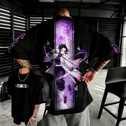 Oversized Unisex Pure Cotton T-shirt Demon Slayer Kochou Shinobu 2026 Summer New Product Anime Printed Casual Short Sleeved Top