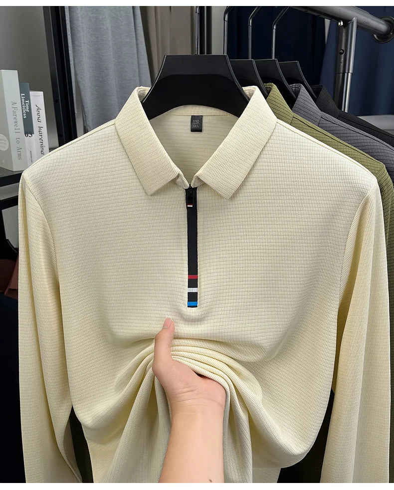 Light luxury half zipper men long sleeve polo shirt high-quality unique checkered printed Korean style trend new casual T-shirt