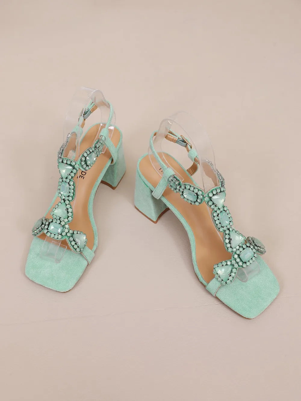 Glamorous Pink/Green Gemstone High Heel Sandals  Women's Elegant Rhinestone Ankle Strap Party Wedding Footwear