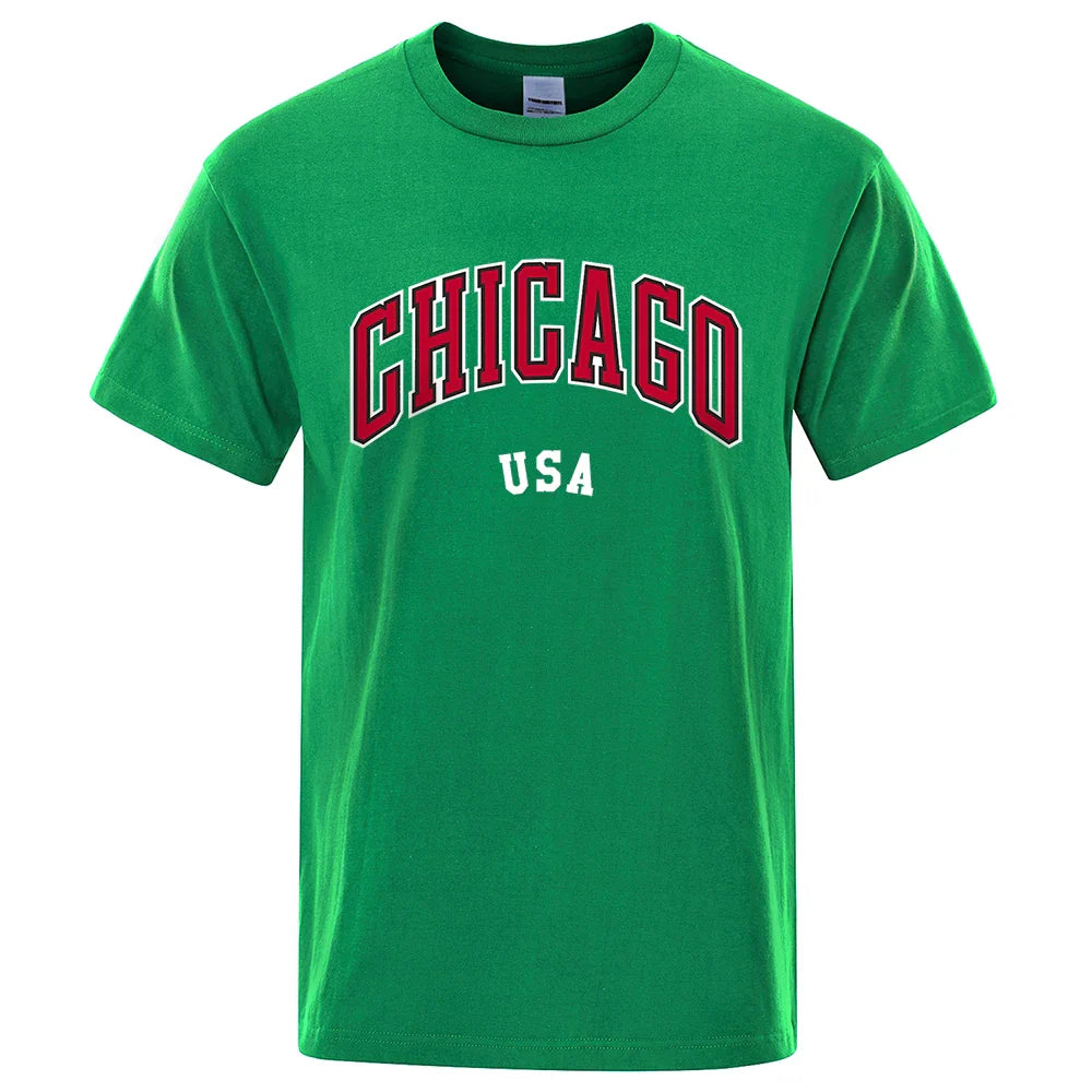 Chicago Usa City Street Letter Printing T Shirts Men Women Cotton Shirt Loose Breathable T Shirts Fashion O-Neck Oversized Tops