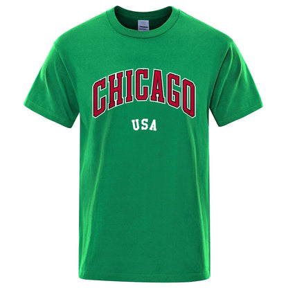 Chicago Usa City Street Letter Printing T Shirts Men Women Cotton Shirt Loose Breathable T Shirts Fashion O-Neck Oversized Tops