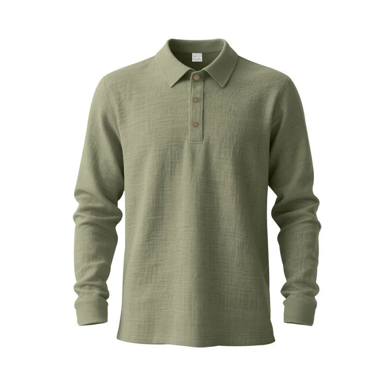 Linen shirt stand-up collar button-down men's loose casual breathable V-neck long-sleeved polo shirt