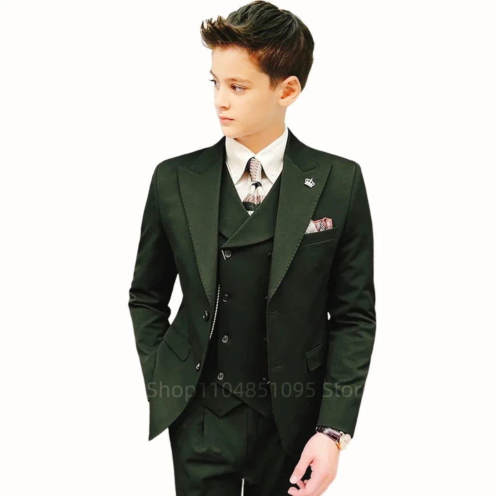 3 Piece Slim Fit Boy Fashion Suits Cutsom Flower Boy Wedding Tuxedo Prom Wedding Peak Lapel Jacket Vest Pants Set Children Suit