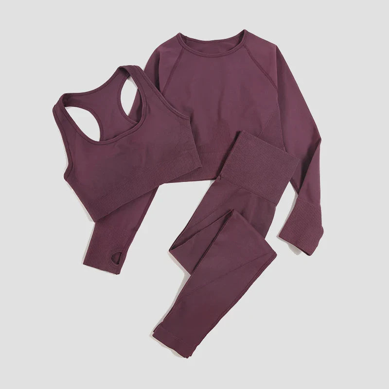 2/3Pcs Women Seamless Fitness Yoga Suit Workout Long Sleeve Crop Top Shirt Sports Bra High Waist Running Leggings Gym Clothing
