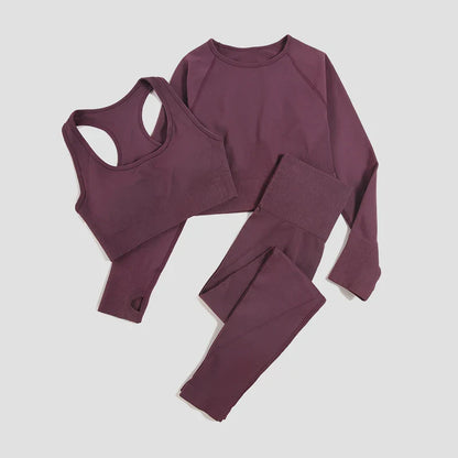 2/3Pcs Women Seamless Fitness Yoga Suit Workout Long Sleeve Crop Top Shirt Sports Bra High Waist Running Leggings Gym Clothing