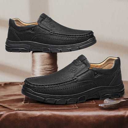 Men's Handmade Thick Rubber Bottom Breathable Casual Leather Shoes Classic Sewn Loafers Comfortable Leisure Footwear