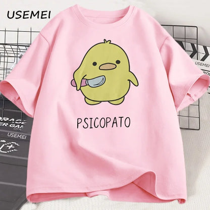 T Shirt Men Women Cute Duck with Knife Tshirt Casual Short Sleeve Cotton Printed Round Neck T-shirt Streetwear Loose