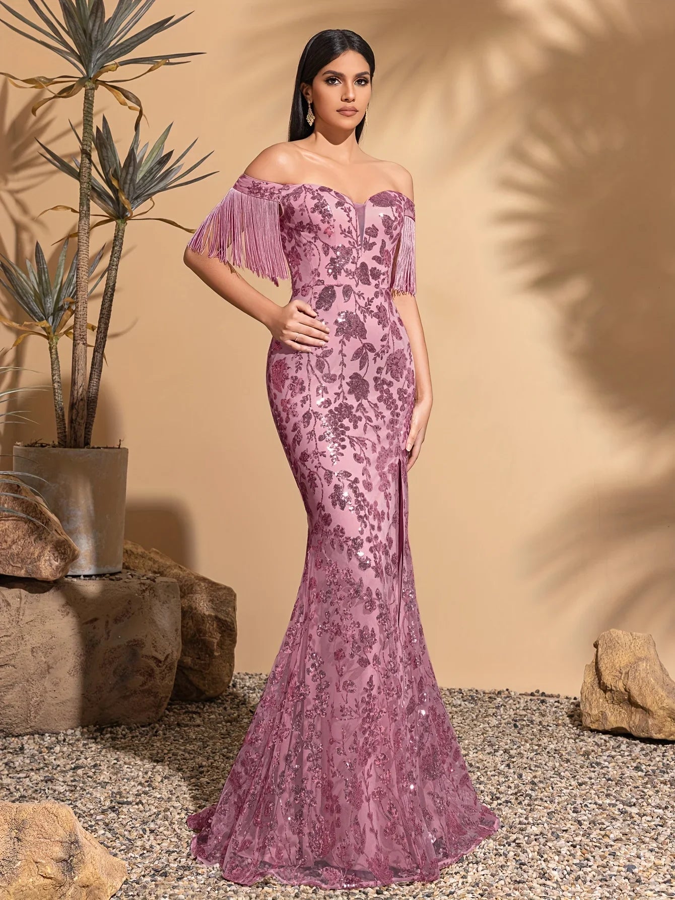 Off-the-shoulder sequined tassel sleeve slit dress