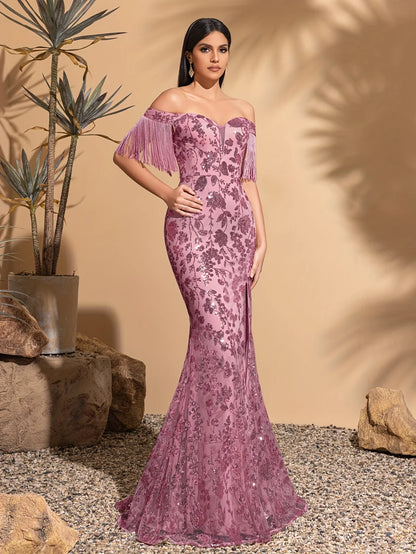 Off-the-shoulder sequined tassel sleeve slit dress