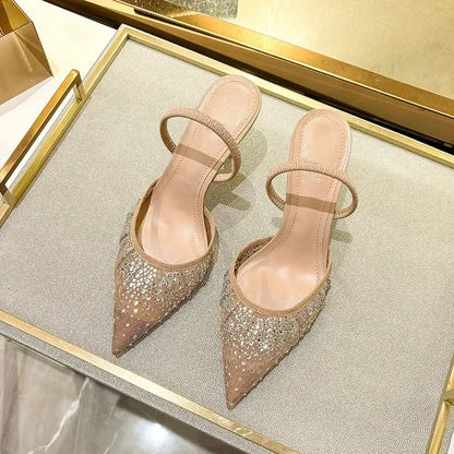 Luxury Designer Shiny Rhinestone High Heels Shoes for Women Summer Sexy Pointed Toe Pumps Elegant Slingbacks Heeled Sandals