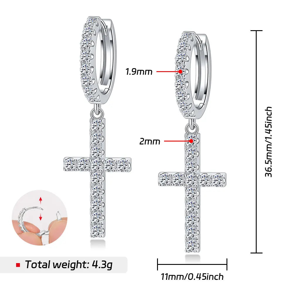 Moissanite Cross Drop Pedant Earrings for Women S925 Sterling Silver Diamond Hoop Earrings 18K Gold Plated Fine Jewelry