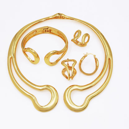 Italy 18k Gold Plated Jewelry Set For Women Classic Design Shiny Necklace Hoop Earrings Bangle And Ring Fashion 4PCS Set Jewelry