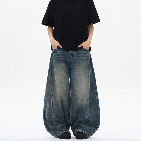 2025 Spring New Men's Jeans Oversized Wide Leg Pants Loose Vintage Patchwork Lightning Cracked Denim Trousers Streetwear Male