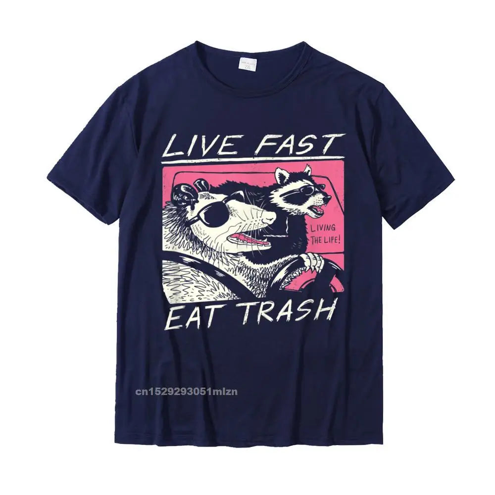 Viva rápido! Coma lixo! T-Shirt em Promoção Nova Camiseta Camisas Masculinas Para Homens Blusas de Algodão Estampas Harajuku