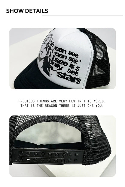 American Style Cruise Printed Anime New Letter Mesh Trucker Caps Sunshade Breathable Baseball Hats Men Women Versatile Fashion