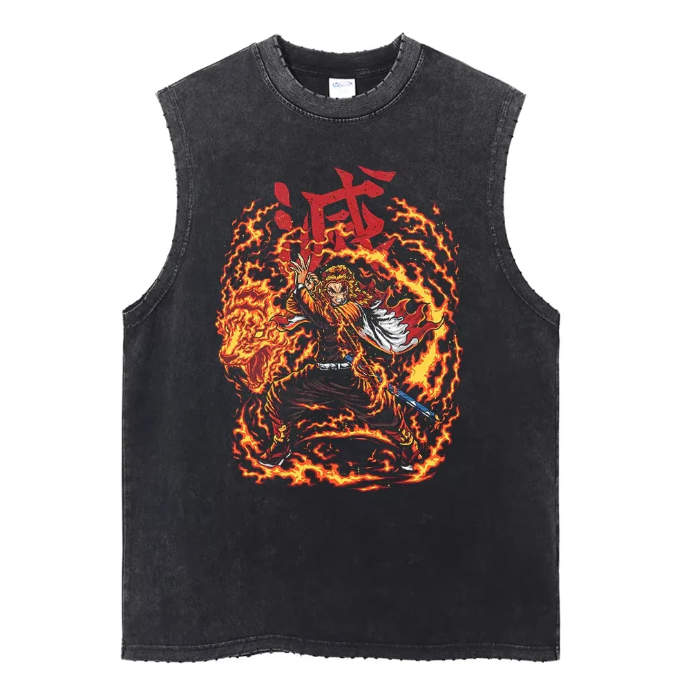 Anime Demon Slayer Printed Men's Tank Tops Summer Y2k Washed Cotton Vintage Gym Vest Women's Casual Sleeveless Shirts Steetwear