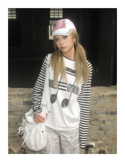 Japanses 2000s T-shirt Women Patchwork Print Graphic Tops Streetwear Y2k Vintage Grunge Tops American Retro Tshirts