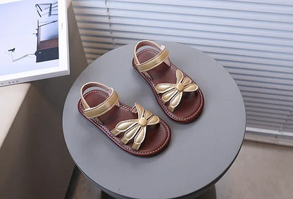 Girls Sandals Hook&loop Kids Beach Shoes Soild Color Versatile 2025 Summer Girls Princess Shoes Retro Sweet Flowers Korean Style