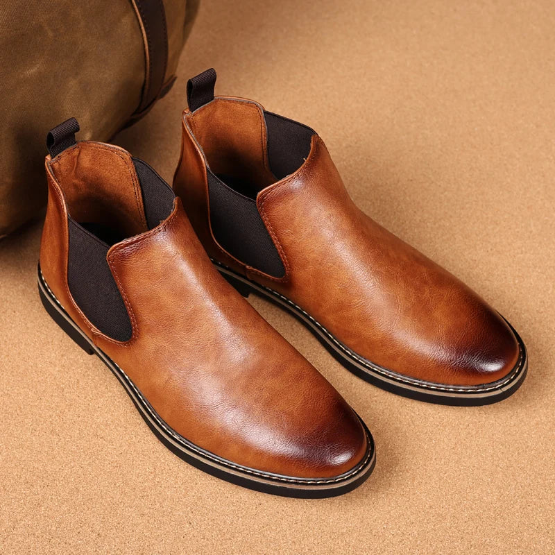 39~47 Men Chelsea Boots Brand Retro Comfortable PU Leather Ankle Boots Men 2025 Fashion Black Brown Mens Boots