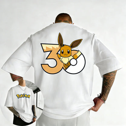 30th Anniversary Eevee Printed T-shirt Summer New Men's and Women's Trendy Large Loose Casual Y2K Short Sleeve Top