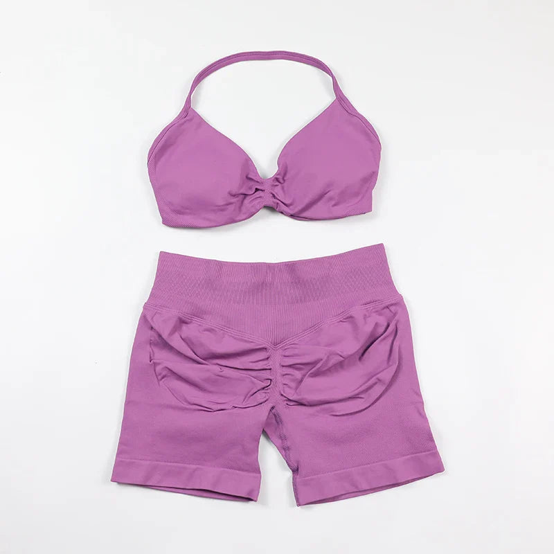 Scrunch Seamless Yoga Set Women Sportswear Ribbed Gym Shorts Strappy Sports Bra 2 Piece Set Halter Workout Clothes Fitness Suit