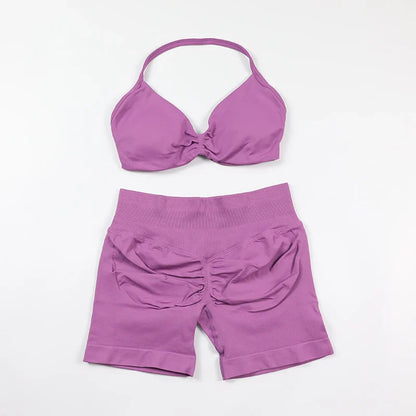 Scrunch Seamless Yoga Set Women Sportswear Ribbed Gym Shorts Strappy Sports Bra 2 Piece Set Halter Workout Clothes Fitness Suit