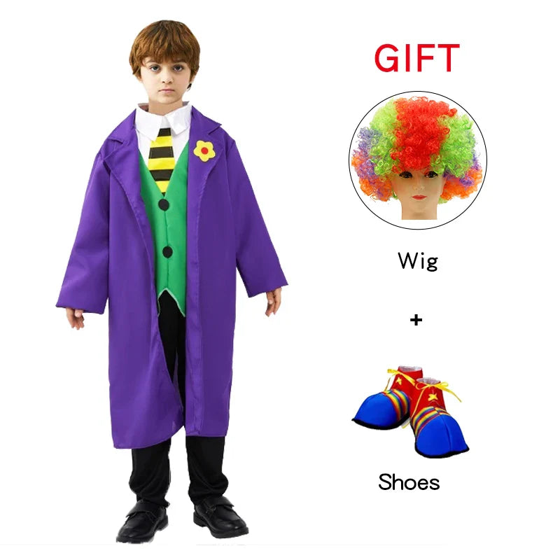 Kids Clown Cosplay Costumes Shoes and Wig Performance Funny Outfit for Girl Party Gift