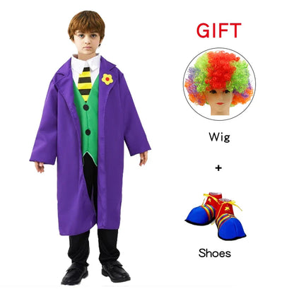Kids Clown Cosplay Costumes Shoes and Wig Performance Funny Outfit for Girl Party Gift