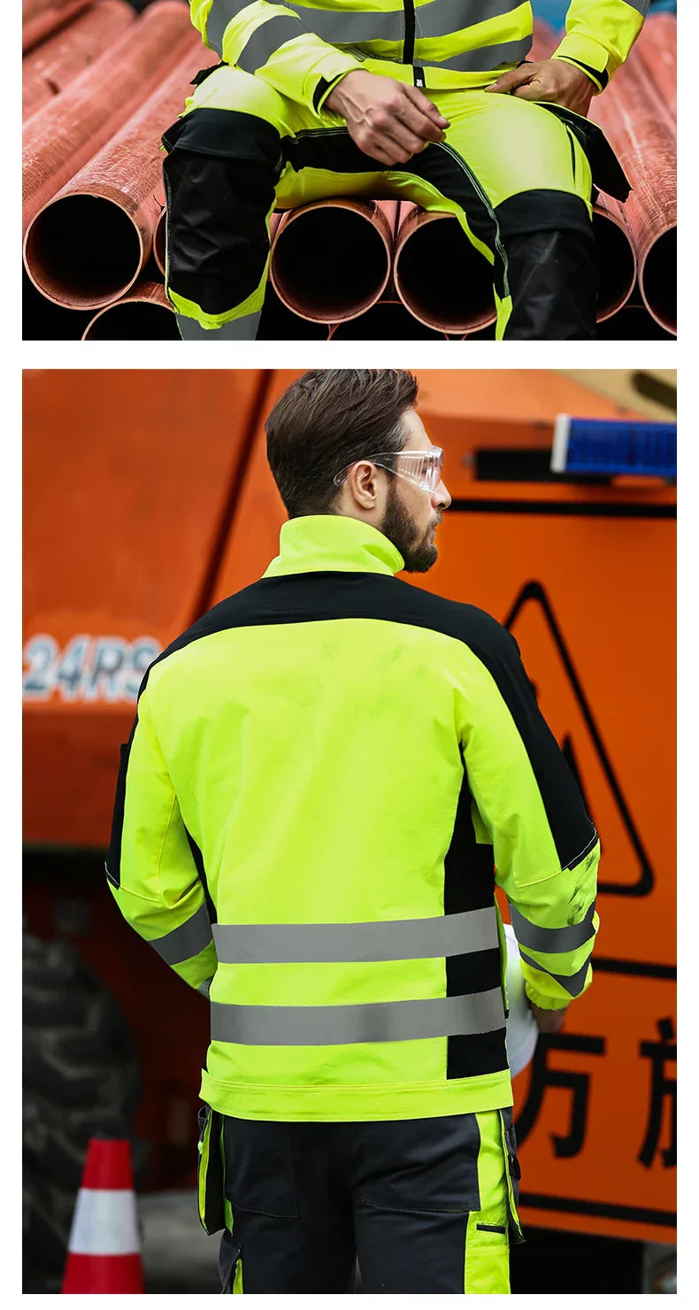 Men's Workwear Suit Work Suit Fluorescent Yellow Work Jacket and Pants Set with Multi Pockets Work Wear