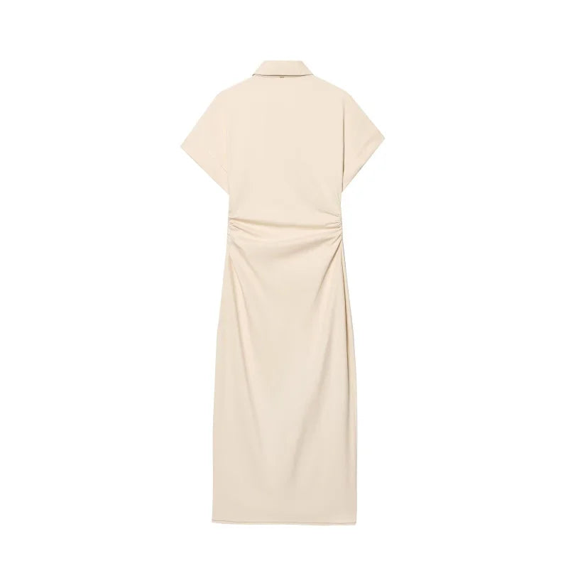 Spring New 1975 series denim MIDI dress with lapel side zipper fashion wrinkle waist slim elegant dress