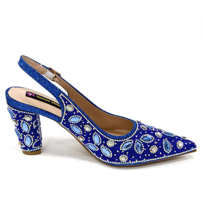 Elegant Nigerian Women's Blue Heels and Rhinestone Handbag Set - Italian Design for Weddings and Parties