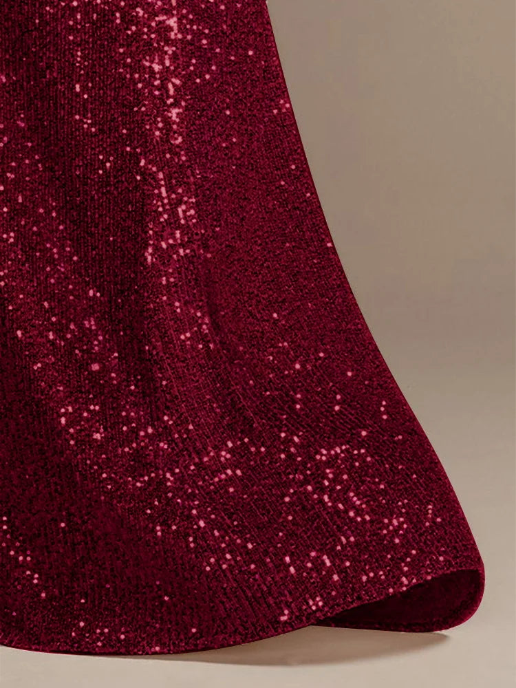 Luxury Red Floor Length V-Neck Evening Dresses Women Elegant Wedding Party Maxi Sequins Short Sleeves Prom Cocktail Gowns
