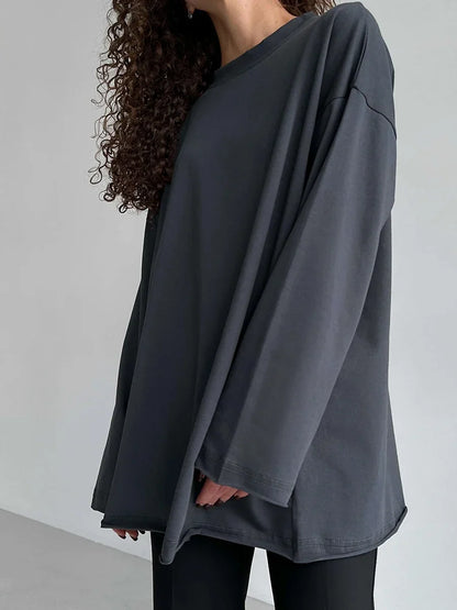 Women Summer 100% Cotton T-shirt Bottoming Spring Basic Fashionable Solid Lady Long Sleeve Loose Tops Shirts