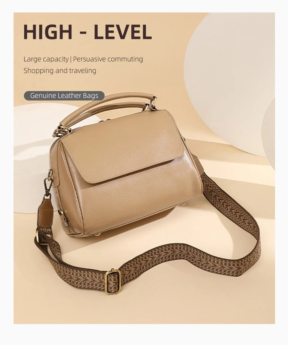 Genuine Leather Women's Handbag Cowhide Shoulder Bag Large Capacity Boston Crossbody Satchel For Fashion Bolsa Two Straps