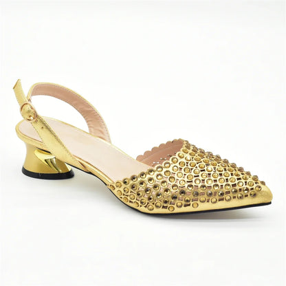 New Fashion Gold Color Shoes and Bags To Match Set Nigeria Party Women's Wedding Bag and Shoe Set Decorated with Rhinestone