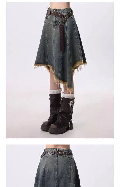 Summer Women Japanese Midi Skirt Denim Irregular Skirt A-line 2000s Abi Y2k Korean Shoujo E-girl Gyaru Tassels Skirt Cyber Punk
