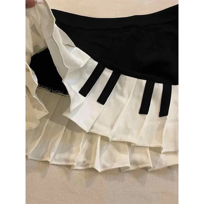 Spring Women Piano Skirt Black White Contrast Pleated Mini Skirt Y2K Harajuku Empire Waist Slim Short Skirt Streetwear