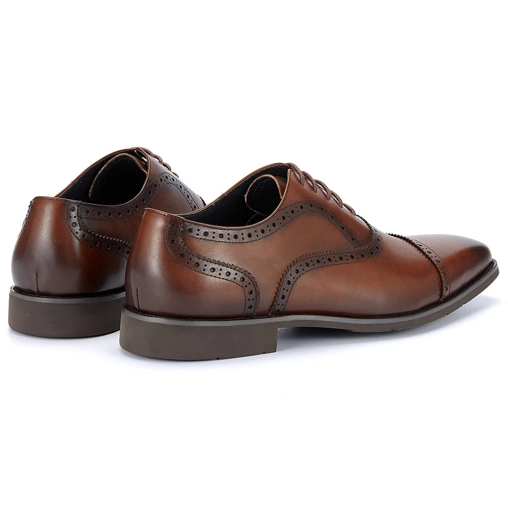 Men's Genuine Leather Brogue Oxfords, Business Formal Dress Shoes with Soft Rubber Sole