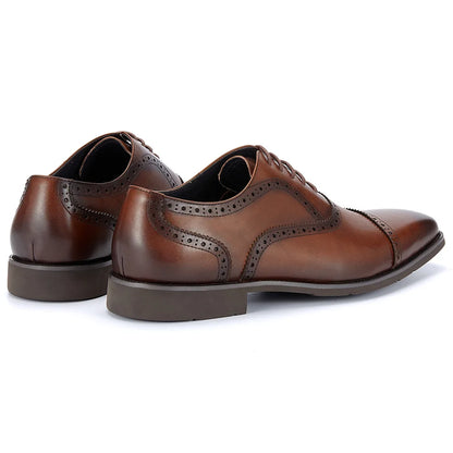 Men's Genuine Leather Brogue Oxfords, Business Formal Dress Shoes with Soft Rubber Sole