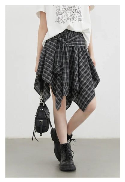 Women Skirts A Line Elastic Waist Strap Ties Irregular Plaid Half Length Skirt Female Short Skirt Woman Summer 2025