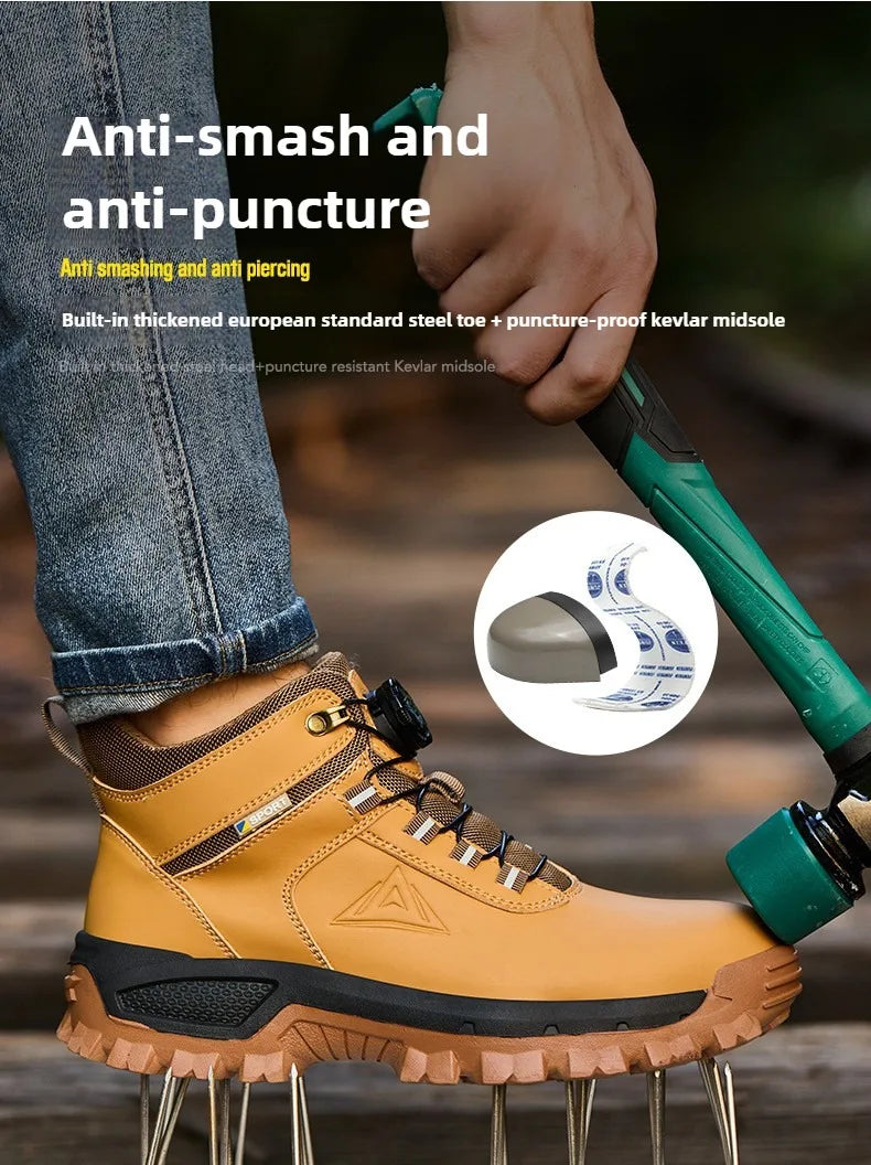 Brown Waterproof Safety Boots Men Indestructible Steel Toe Work Boots Anti-smash Stab-resistant High-top Knob Adjustable