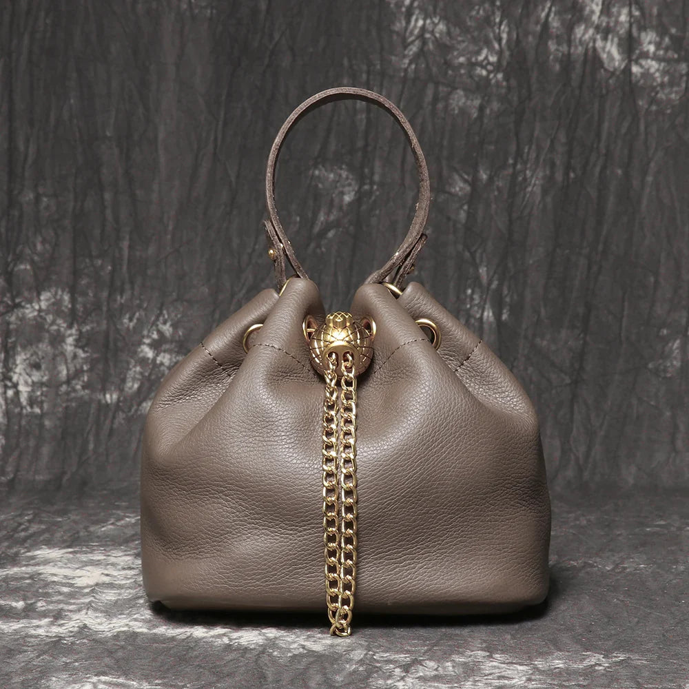 Metal Drawstring Versatile Women's Handbag Genuine Leather Chain Crossbody Bag Vintage Bucket Bag Mobile Phone Bag