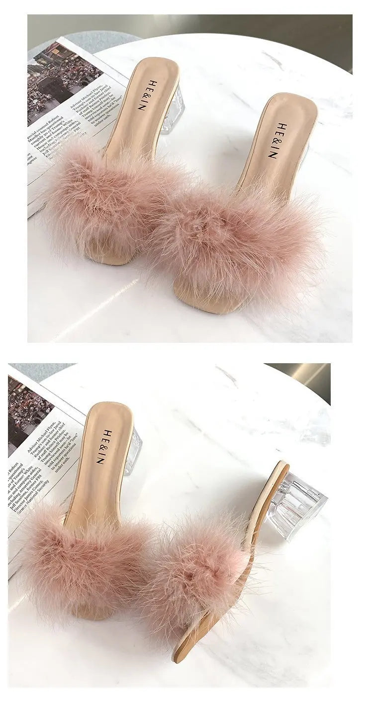 2023 Fluffy Peep Toe Sexy High Heels Women Shoes Fur Feather Lady Fashion Wedding Slip-On Pink Square Toe Women Sandals