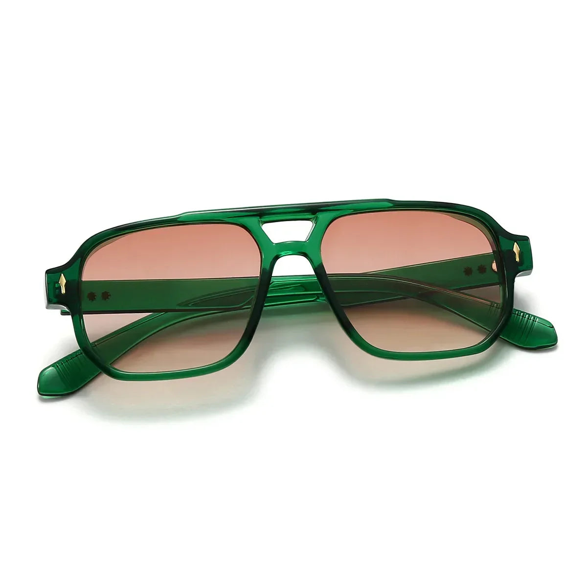 Vintage Double Bridges Men Square Sunglasses Fashion Green Ocean Lens UV400 Eyewear Women Trending Rivets Sun Glasses