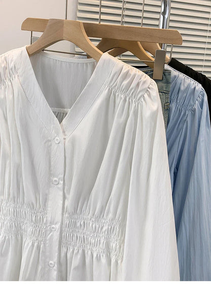 2026 V-neck Long Sleeved Plus Size Shirt Loose Pleated Ruffle Oversized Tops Ladies Chic Elegant Solid Versatile Blouse