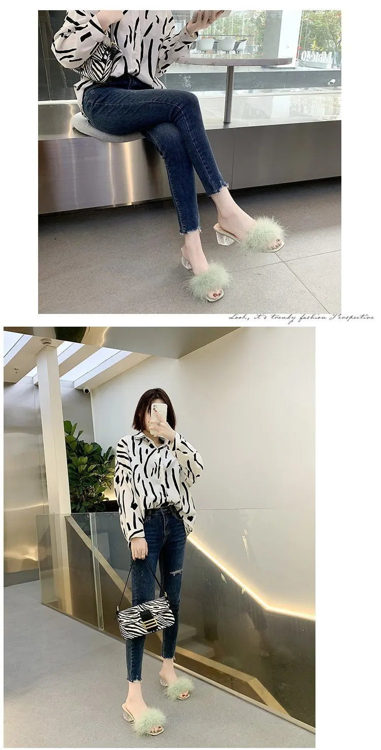 2023 Fluffy Peep Toe Sexy High Heels Women Shoes Fur Feather Lady Fashion Wedding Slip-On Pink Square Toe Women Sandals
