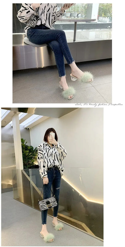 2023 Fluffy Peep Toe Sexy High Heels Women Shoes Fur Feather Lady Fashion Wedding Slip-On Pink Square Toe Women Sandals